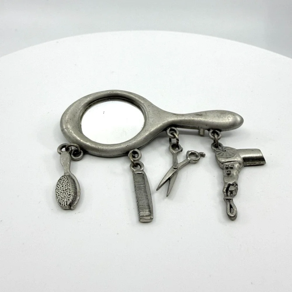Hair Stylist Mirror Brooch Pin Silver Tone Comb Scissors Dryer Dangle Charms